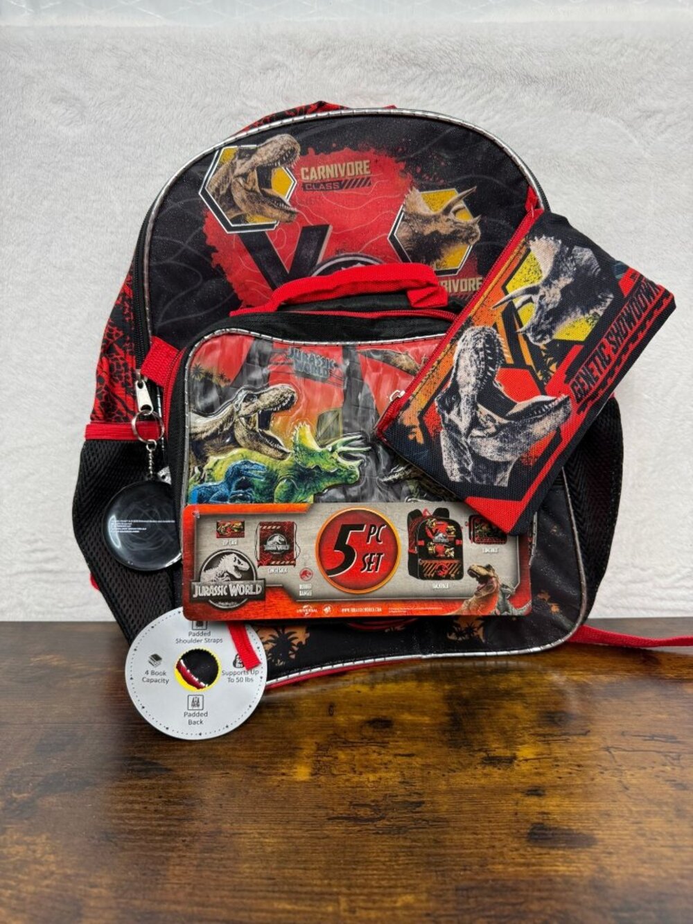 Jurassic World 5-Piece Backpack Set With Lunch Bag Pencil Case Rubber Dangle